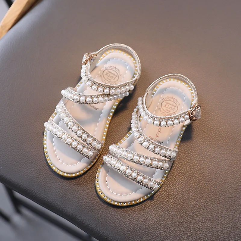 

Latest Style Comfy Silver Girls Rhinestone Pearl Flat Beach Sandals, Pink gold sliver