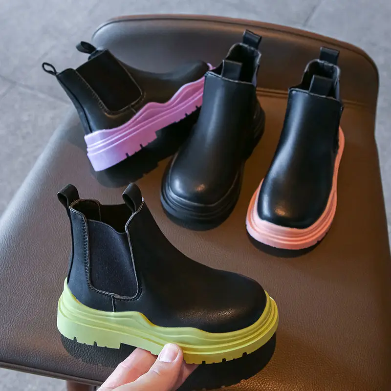 

Fashion Kids boots zipper children autumn and winter new arrival girls shoes student trend leather Chelsea boots kids, Purple, green, black