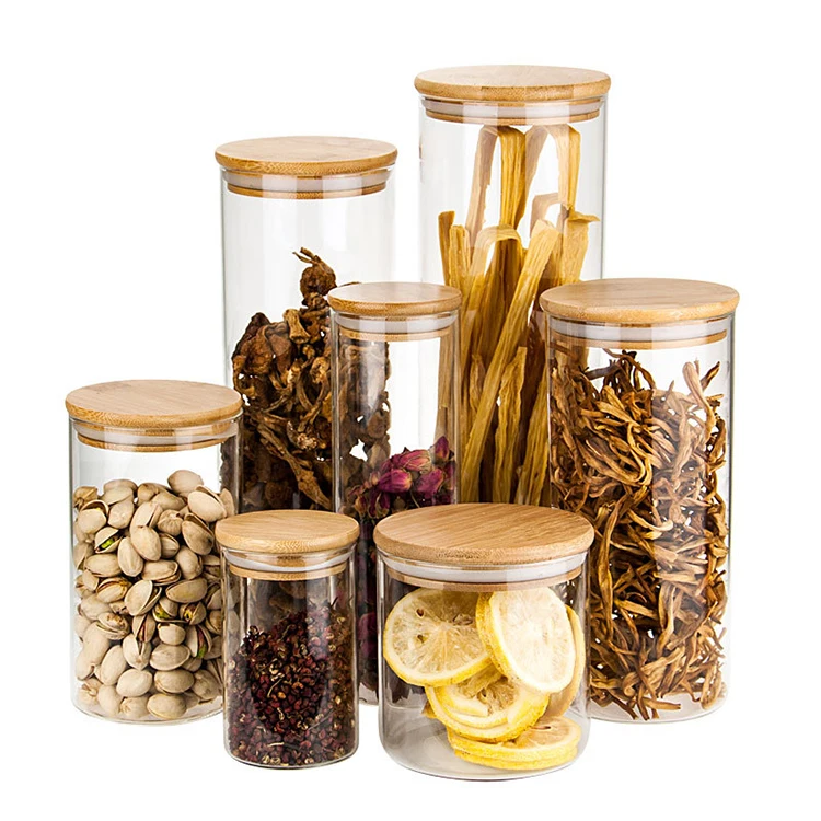 

Chinese Professional Supplier Cylindrical Spice Clear Glass Jar With Bamboo Lid, Transparent