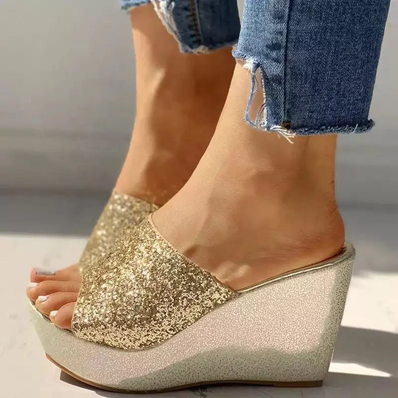

Cowinner Women Glitter Wide Strap Wedges Platform Sandals Beach Slipper Open Toe High Heels Roman Slides Sandals, As pic