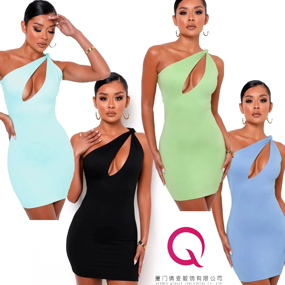 

2022 Trending Sexy Strapless Dresses Women One Shoulder Bandage Summer Slim Dress Skinny Elastic Slip Hollow Out Dress, Customized color,picture show