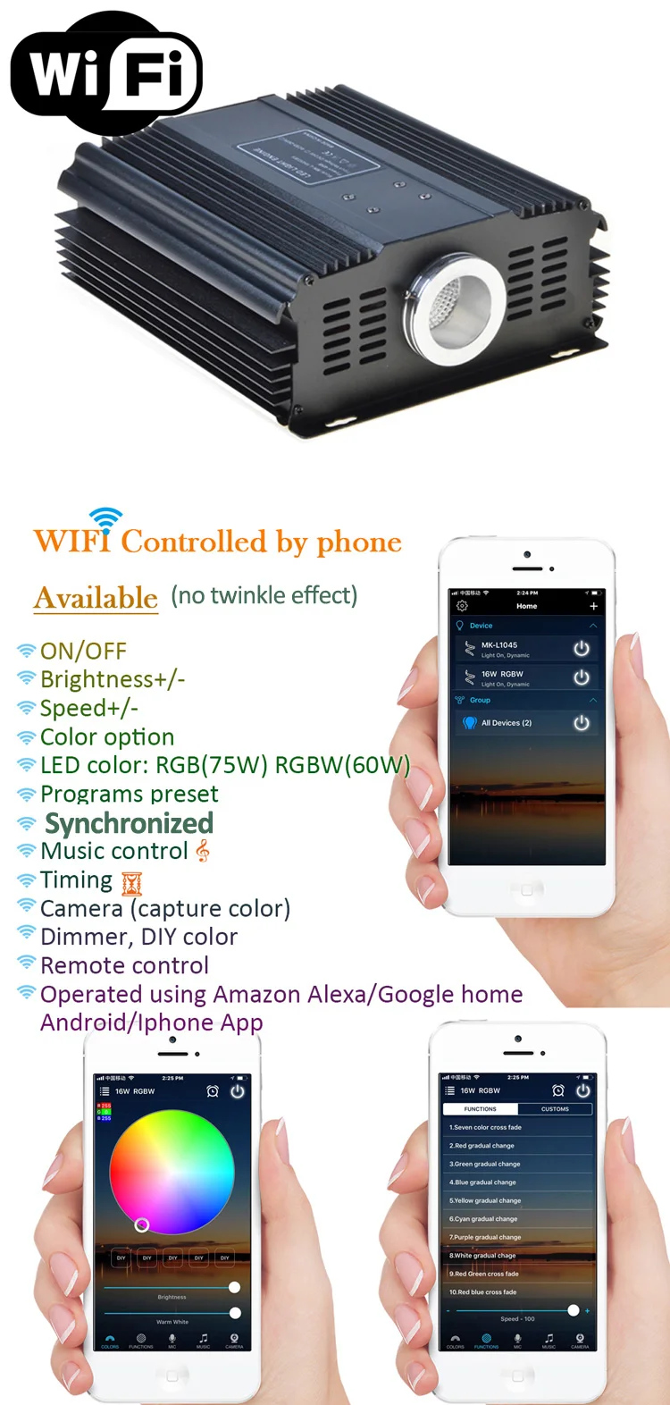 Sound activated fiber optic light for sensory therapy 75W-WIFI-control-750