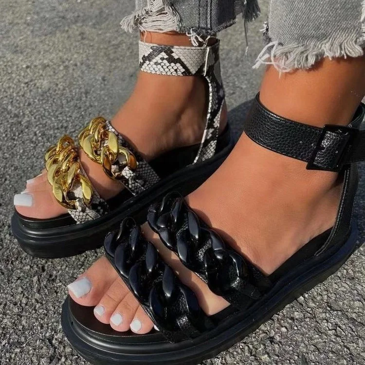 

Sexy Open Toe Snake Skin Print Women's Platform Sandals Fashionable Double Chain Buckle Strap Ladies Wedge Heel Sandals, Black,white,apricot,snakeskin