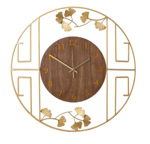 

Traditional Chinese Wooden Home Decoration Wall Clock Metal Ginkgo Leaf Decor Round Wall Clocks for Living Room, Gold,customized