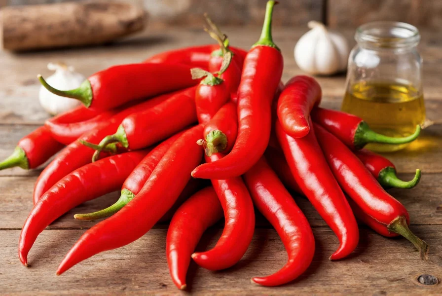 Freshly harvested Jimmy Nardello peppers arranged on a wooden table with cooking ingredients like garlic and olive oil