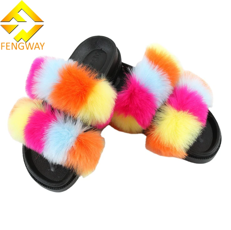 

2020 hot Fox Fur Slippers faux fur slide sandals Custom Women Fashion two strap Fur Slides, As per customer's request