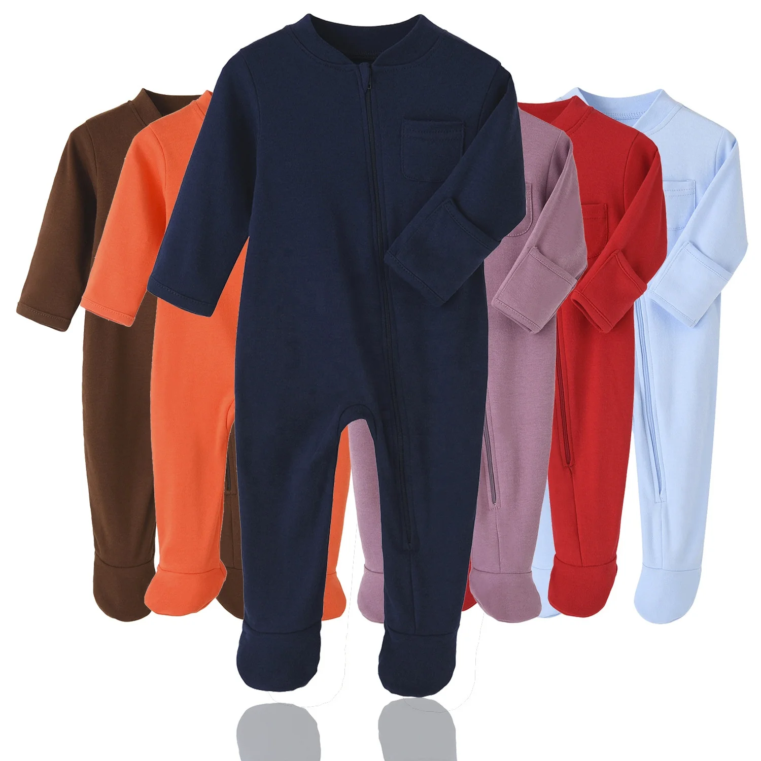 

Custom OEM ODM 100% Cotton Infant Toddler Boys Girls Zipper Footie Jumpsuits Newborn Clothes Baby Rompers with Mitten Cuff, Photo showed and customized color