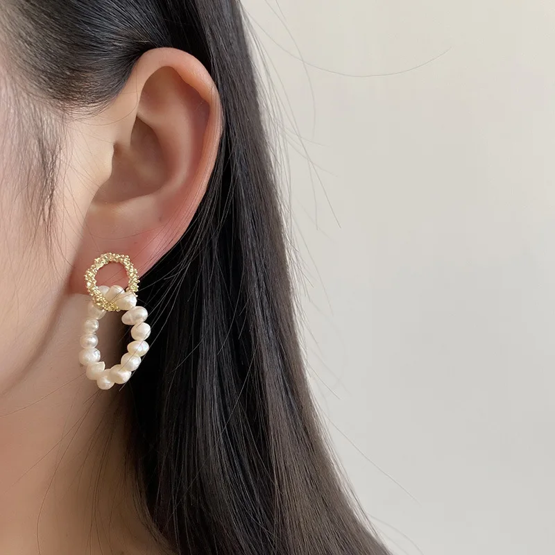 

Vershal A3-445 Luxury Baroque Freshwater Pearl Beaded Hoop Earrings Gold Plated 925 Sterling Silver Earrings