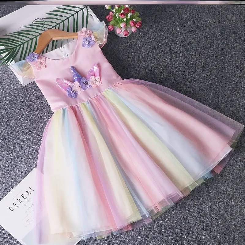 

#QZ-FD631 Amazon Top Seller Summer Baby Girls Clothing Unicorn Dress Princess Birthday Dress Kid Dress Party Girls