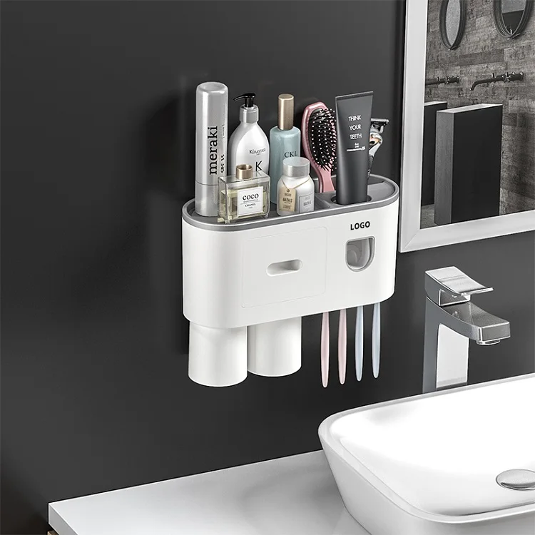 

Hot Sell Household Two Tooth Brushing Cups Wall Mounted Plastic Toothbrush Holder, White