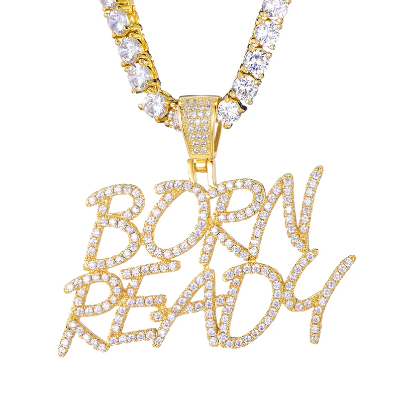Trend Brass Iced Out BORN READY Bubble Letters Necklaces For Men Hip Hop Jewelry