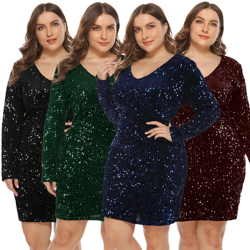 

2020 Nightclub sexy sequins dress V neck long sleeve tight wrap hip plus size short club dresses women OR19519, As pic