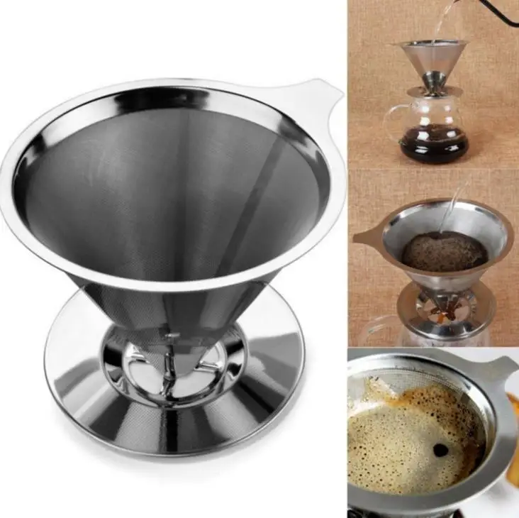

Cone Shaped Stainless Steel Coffee Dripper Double Layer Mesh Filter Basket Home Kitchen Tool, Silver