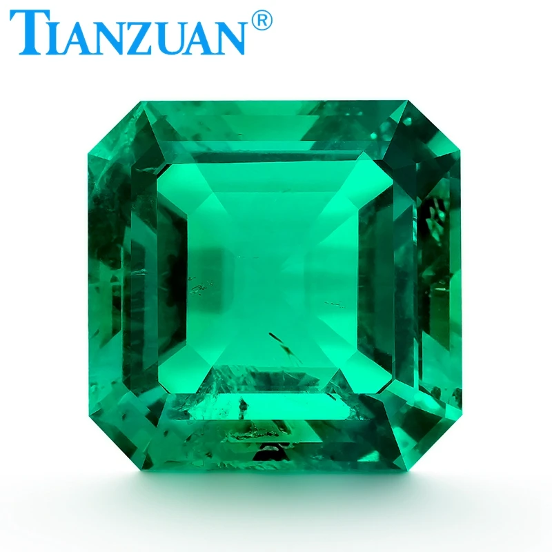 

asscher shape emerald cut green Created Hydrothermal Emerald with minor cracks and inclusions inside of it loose gemstone