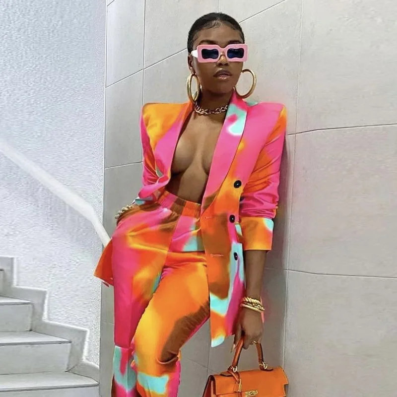 

2021 fall/winter women's single-breasted printed suit high waist corsets casual suit women, Pink, red, black, blue