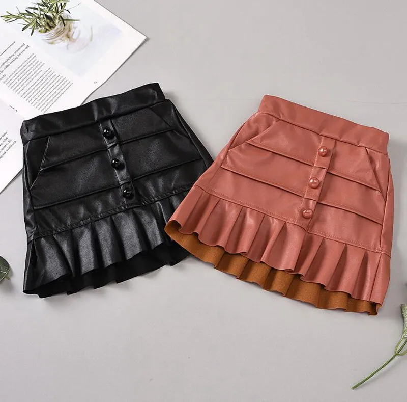 

2021 Girl skirts kids Pu leather good quality skirts spring autumn new ruffles princess skirts straight children clothes 6M-5Y, Customized