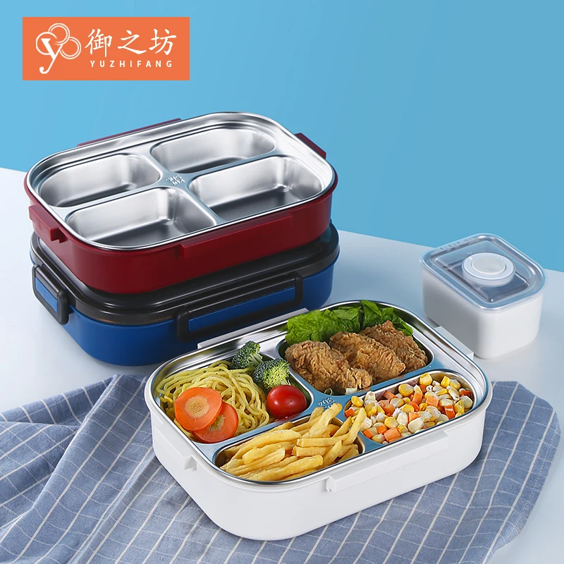 

Leakproof compartment bento Storage Box Stainless Steel Food Container Durable Tiffin Lunch Box Plastic With Bag & Cutlery, Blue/grey/red