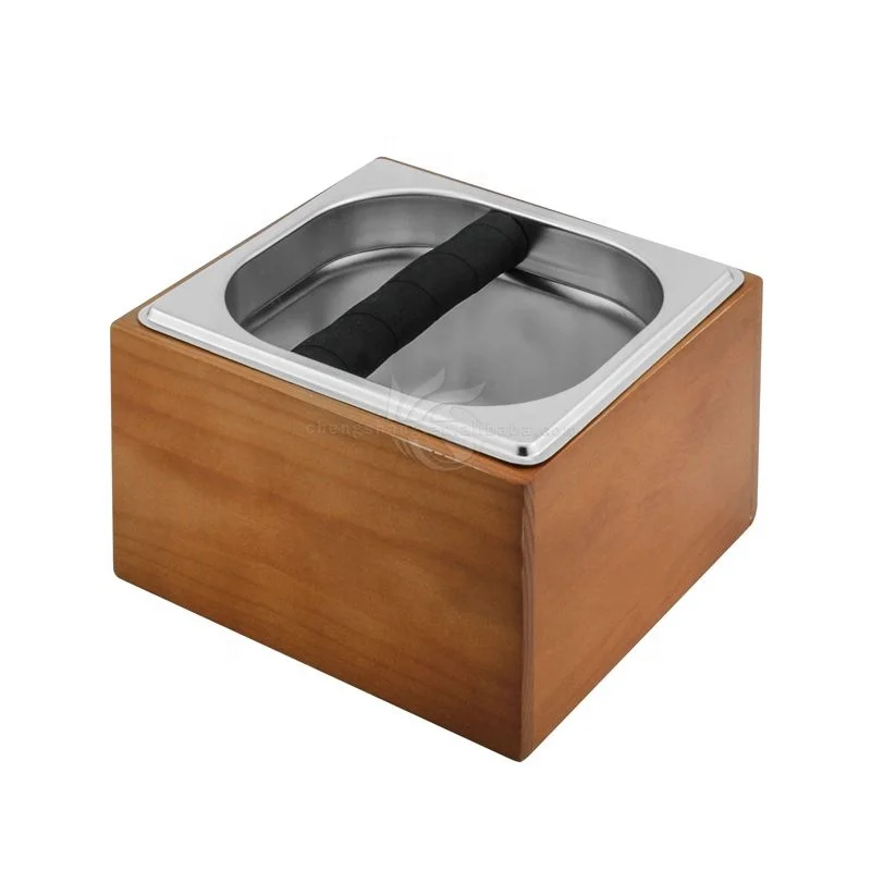 

Square Durable Wooden Base box shock-absorbent knock bar Stainless steel Coffee Knock Box, Sliver