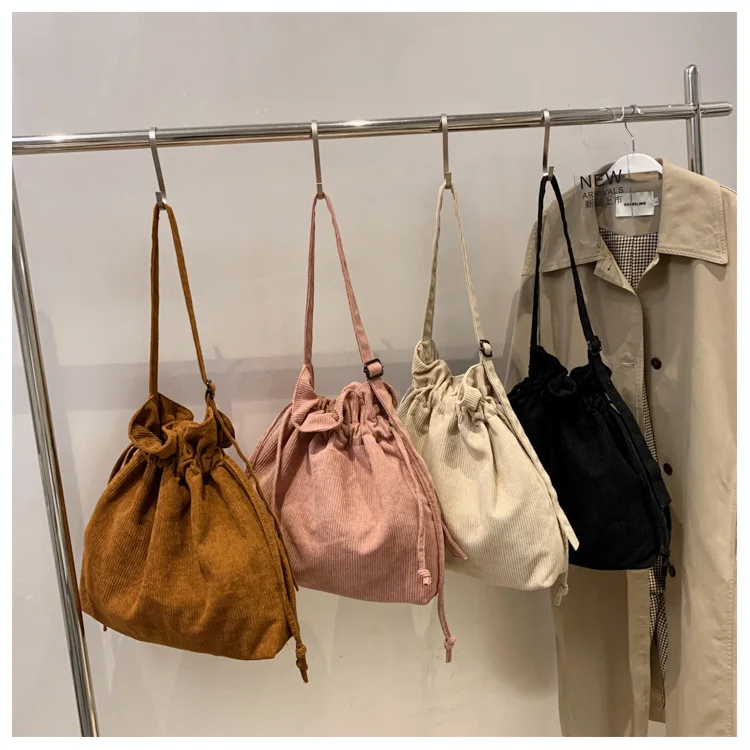 

Wholesale Drawstring Corduroy Shoulder Bags Eco-Friendly Shopping Bag Foldable Storage Grocery Tote Handbag, 4 colors