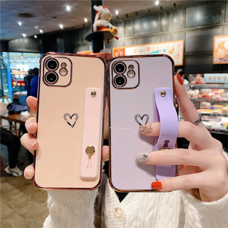 

Mobile Cell Phone Wristband Phone Cases Cover Gold Plated Electroplated Phone Case With Strap For iPhone 12 13 Pro Max