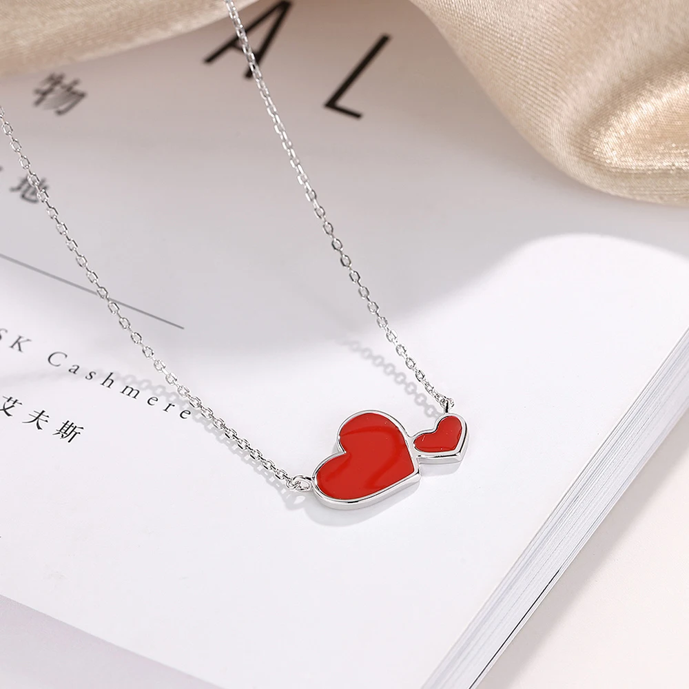 

925 Sterling Silver Red Love Double Heart Pendant Necklace New Style Gold Plated Jewelry For Women, Picture