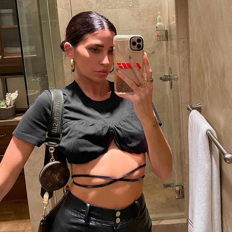 

2021 Summer New Solid Color Round Neck Pullover Lace Up Navel Pleated Women's Black Good Omens T-shirt