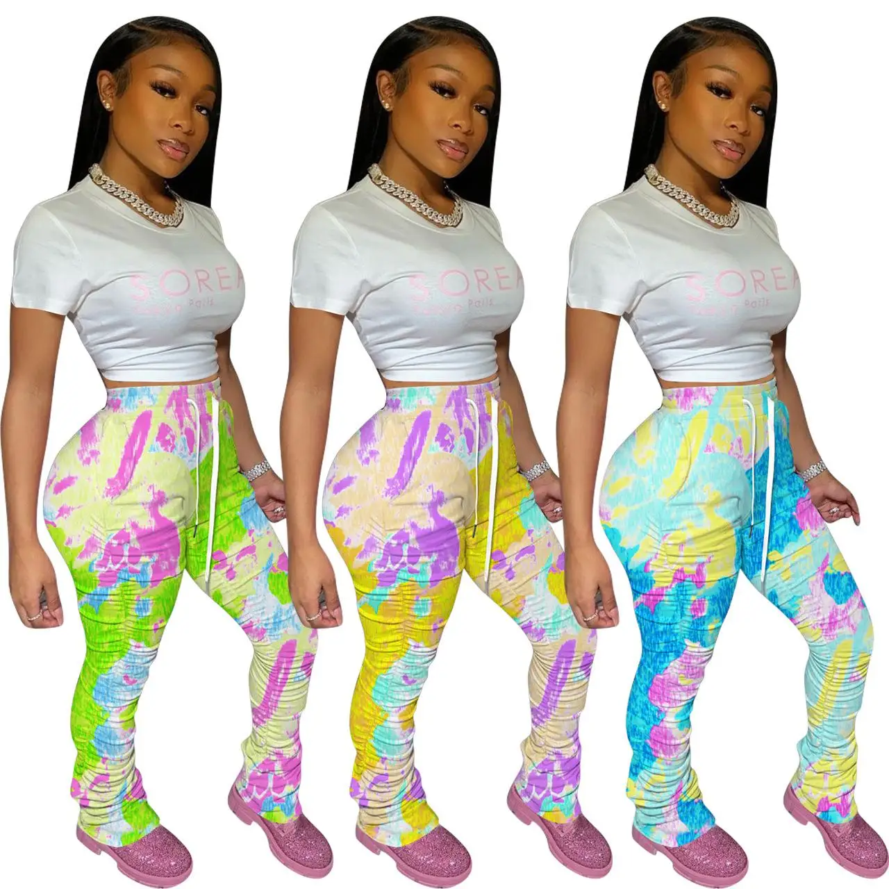 

New arrival casual printed trousers ruched stacked tie dye pants women