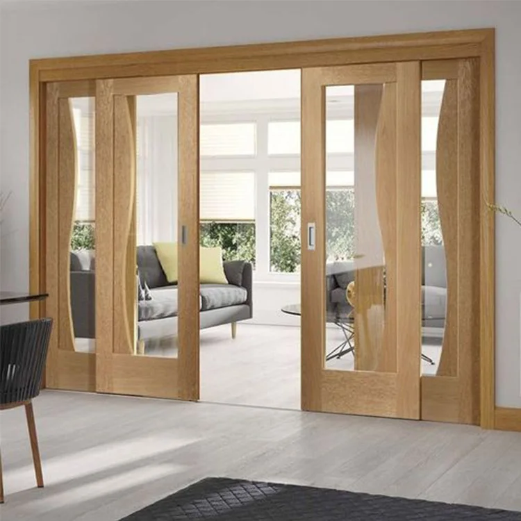HS-WS10 interior wooden framed pocket design oak wood sliding glass doors