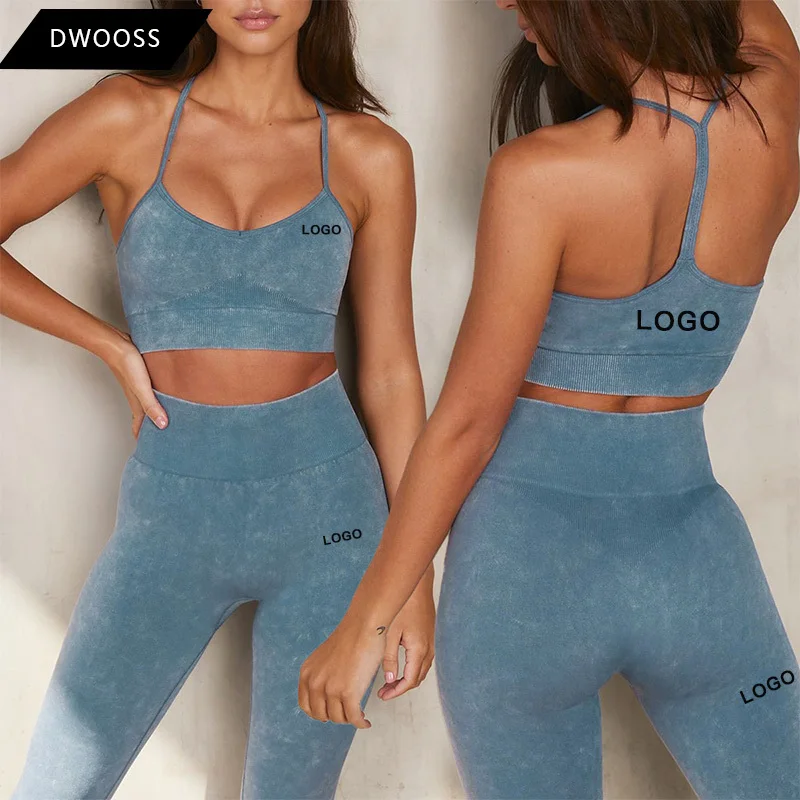 

Yoga Leggings Bra Set Custom Wholesale Acid Wash Seamless Knitting Sexy Backless Yoga Set, Accept customized colors