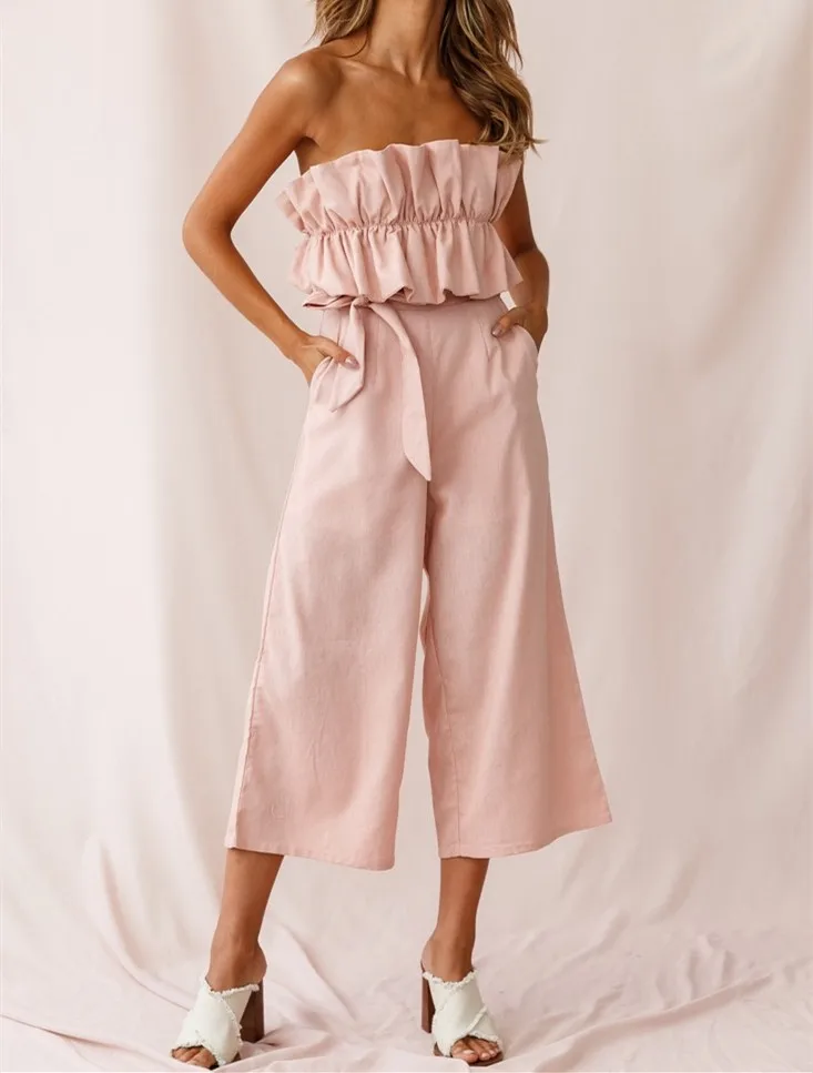 2020 Oem Summer Custom Ruffle Trims Strapless Linen Jumpsuit - Buy ...