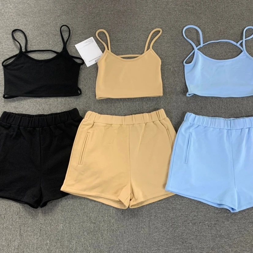 

Women Clothing 2022 Fashion Trendy Crop Top Sleeveless Bodysuit Camisole Two Piece Short Set Women 2 Piece Jogger Sets For Women, Customized color