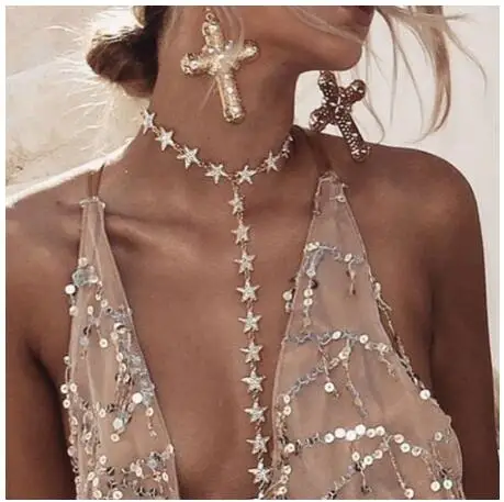 

Fashion Star Shape Body Chain Women Sexy Bra Bikini Beach Necklace Vintage Decoration Shiny Alloy Rhinestone Body Chains