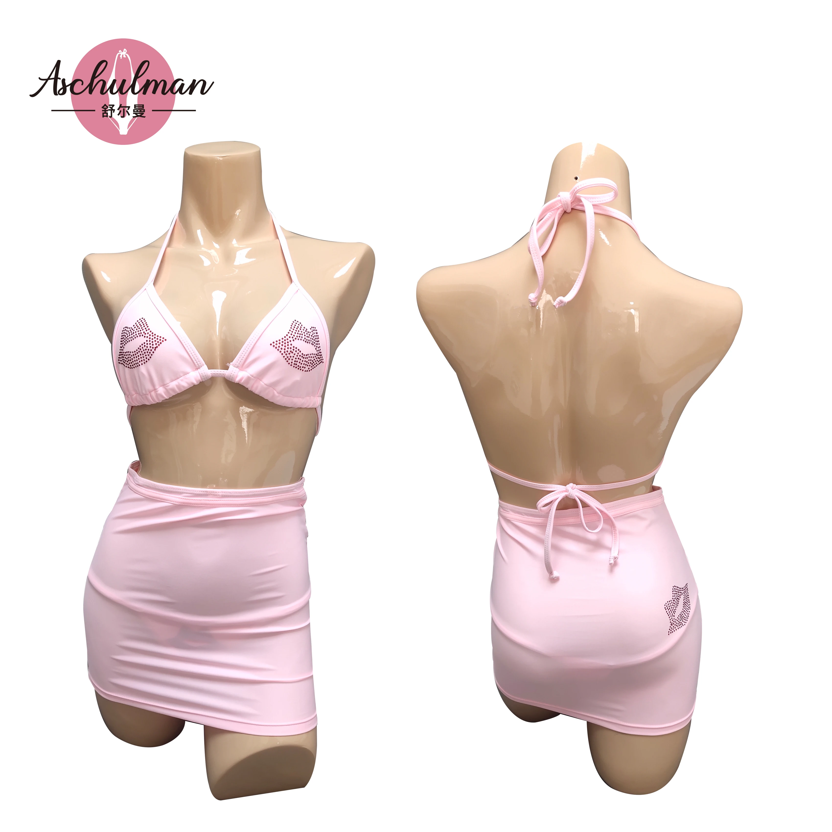 

Wholesale Custom Sex Bodysuit-Kisses Bikini & Skirt Set lingerie stage performance nightclub stripper outfit