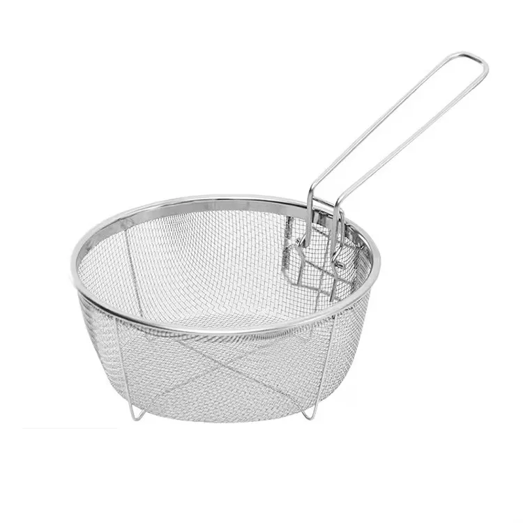 Hot Sale Cooking Tools Collapsible Stainless Steel Round Fry Basket With Handle Resting Hook Chips Deep Fry Basket