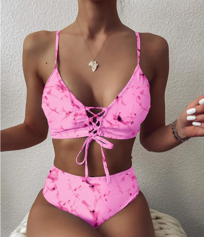 

ZY5186 Custom Label Women Hollow Out String Tie Dye Swim Wear 2021