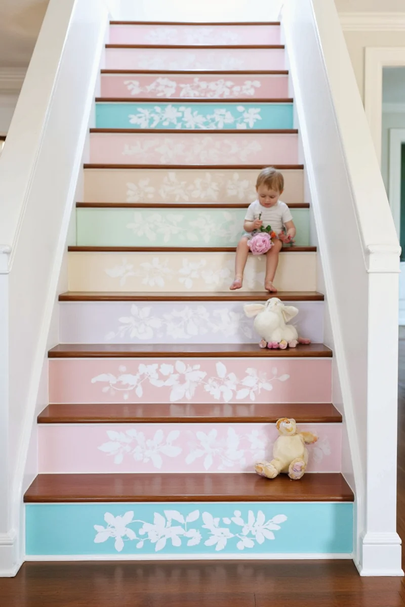 Cartoon characters climbing painted stairs