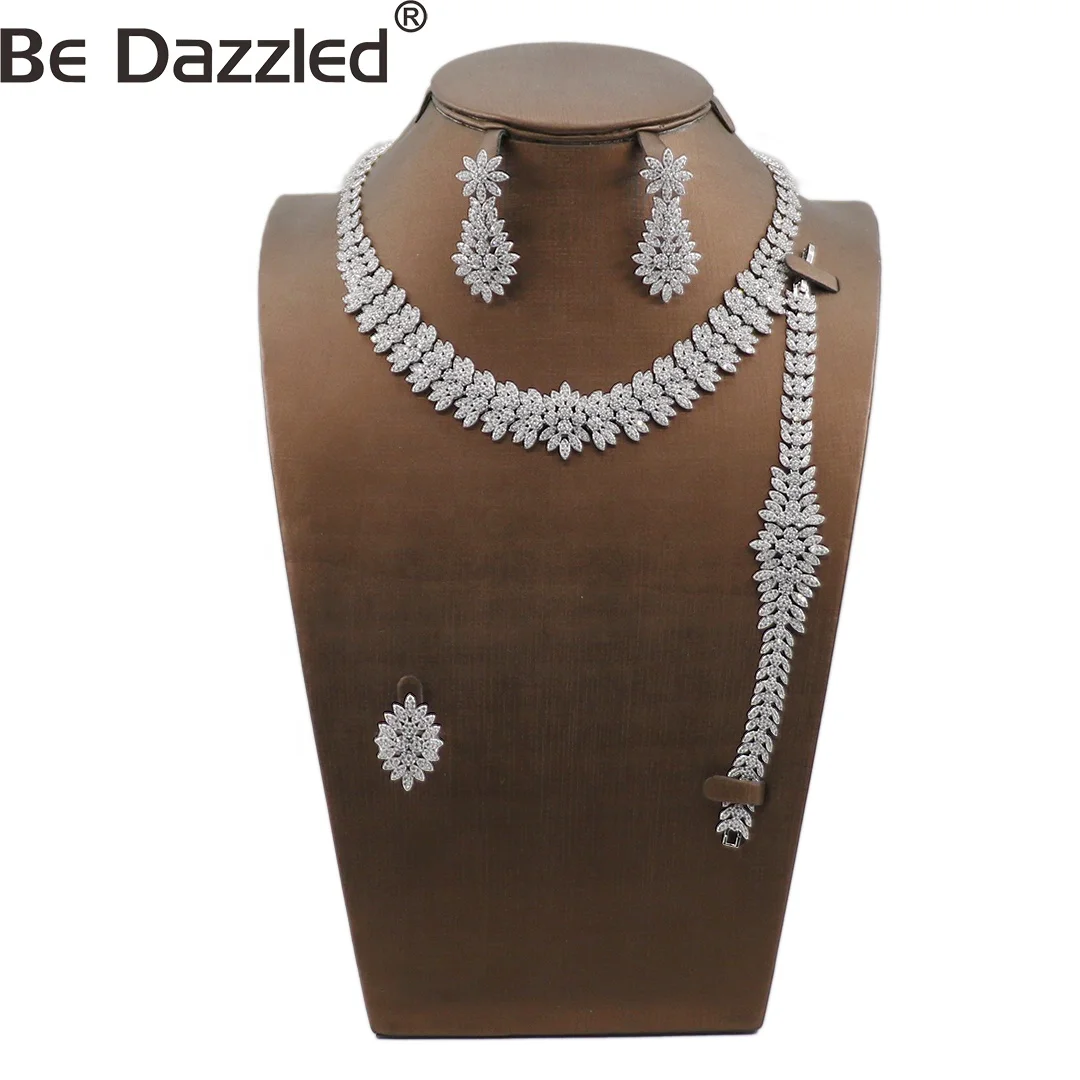 

America wedding accessories beautiful cubic zirconia necklace earring high-grade four-piece big white plated jewelry set