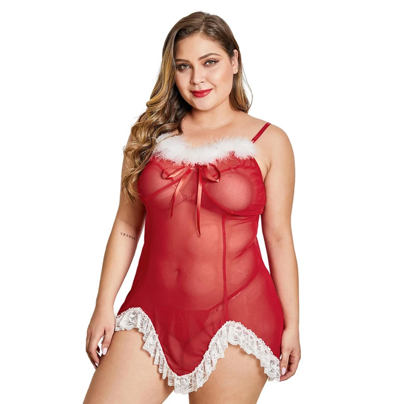 

2021 Women Plus Size Christmas Santa Transparent Lace Patchwork Hammock Babydoll Lingerie, Red