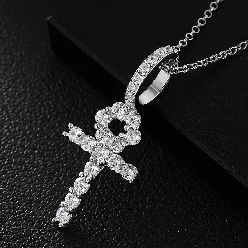 

Wholesale Shining Gemstone Jewelry 925 Sterling Silver VVS Moissanite Diamond Ankh Cross Pendant Necklace