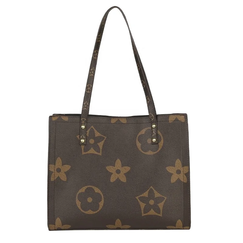 

Vintage old flower handbags fashion classic printed shoulder bag trendy portable handbags double-sided color matching tote bag, Brown