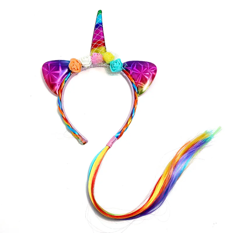 

Rainbow Color Ponytail Unicorn Headbands Glitter Ears Kids Girls Princess Braid Wig Hair Bands Party Hair Accessories, Picture