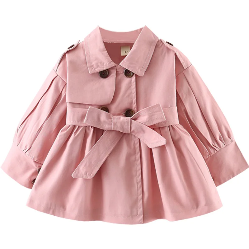 

Girls' jackets spring and autumn infants and children's solid color waist tie trench coat