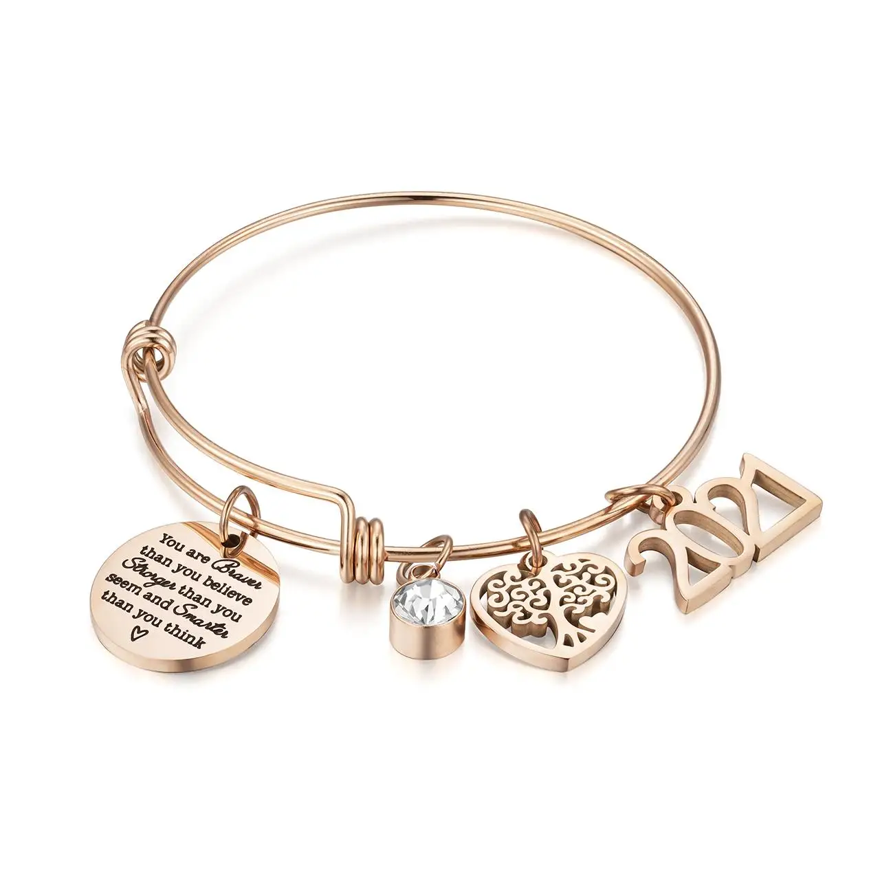 

Women Inspiration Jewelry Silver Gold Plated Heart Stainless Steel Charm Bracelet Engraved Adjustable Wire Bangle Bracelet, Customized color