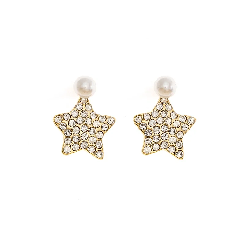 

Women Full Diamond Pentagonal Stud Earrings Pearl Embellished Earrings