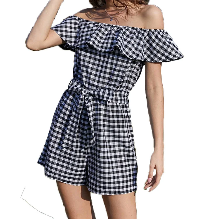 2021 The Latest Fashion Summer Casual Bow Belt Women Plaid Belted Off Shoulder Ruffle Romper, Picture color ,customize