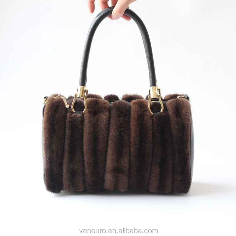 

Wholesale Women Handbag Genuine Mink Fur Striped Tote Bag