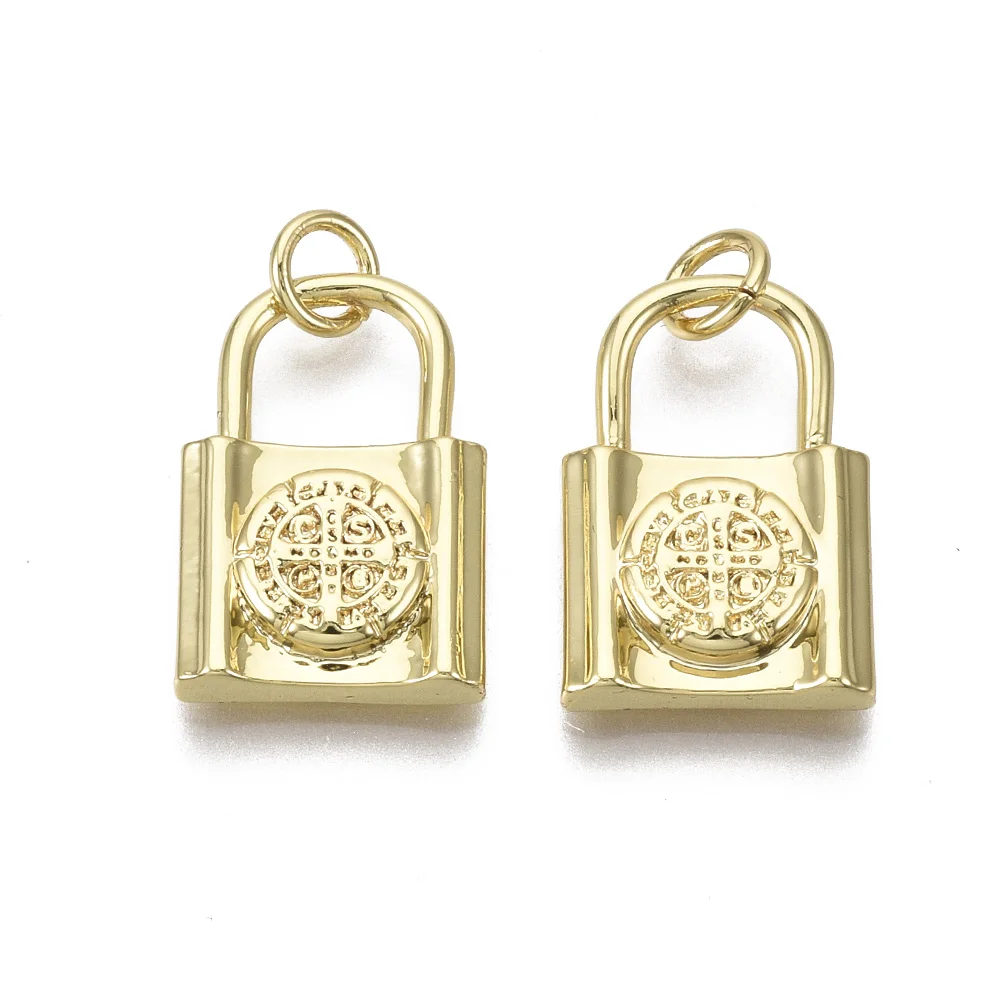 

Pandahall Lock with Saint Benedict Real 18K Gold Plated Brass Pendants