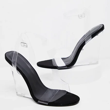 

S008 Factory Nude/Black Fashion High Heel Transparent Clear Strappy Wedge Heel Sandals Women Shoes