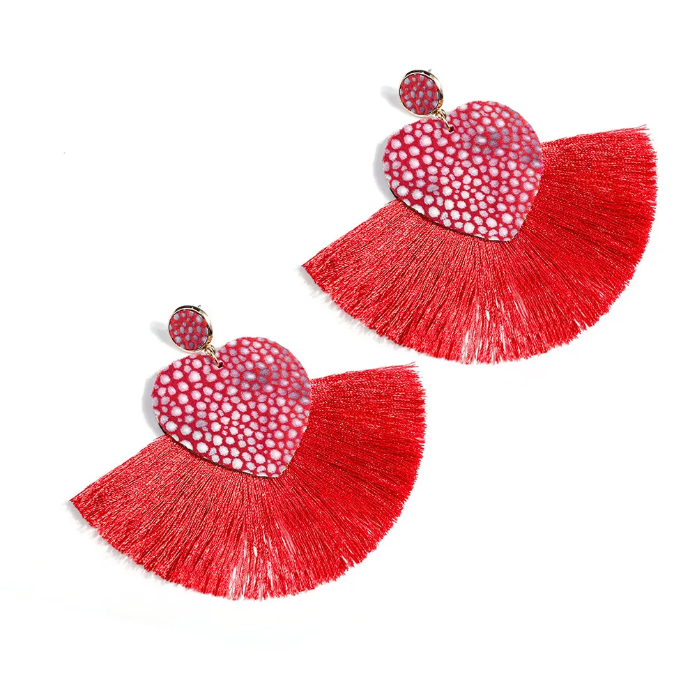 

Handmade Red Leopard Heart Fan Tassel Earrings PU Heart Tassel Earrings for Valentine's Day Gift