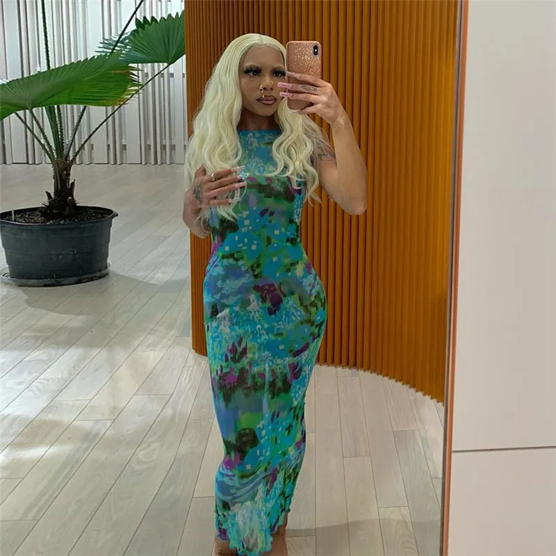 

2021 Women Summer Sexy Fashion Round Neck Sleeveless Slim See Through Mesh Printed Long Dress, Customized color